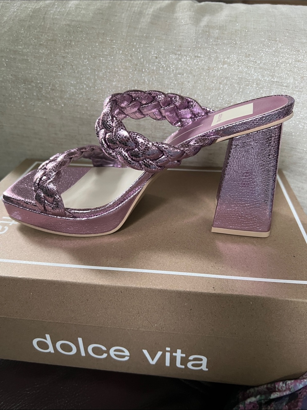 Dolce Vita Ashby Platform Heeled Sandals in Braided Crackled Lilac Sz 8